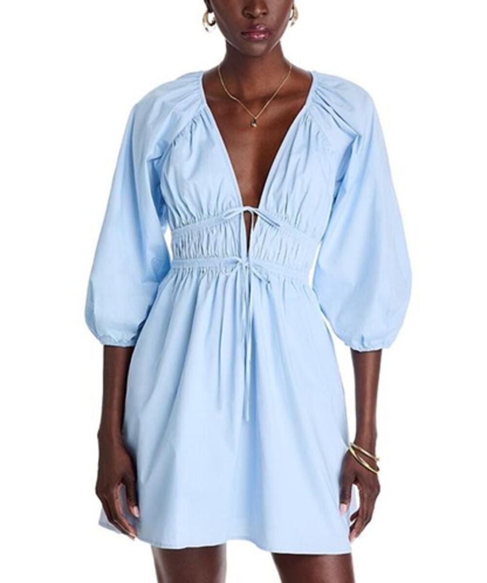 Wayf Leighton Poplin 3/4 Sleeve V-Neck Mini Dress Blue XS
